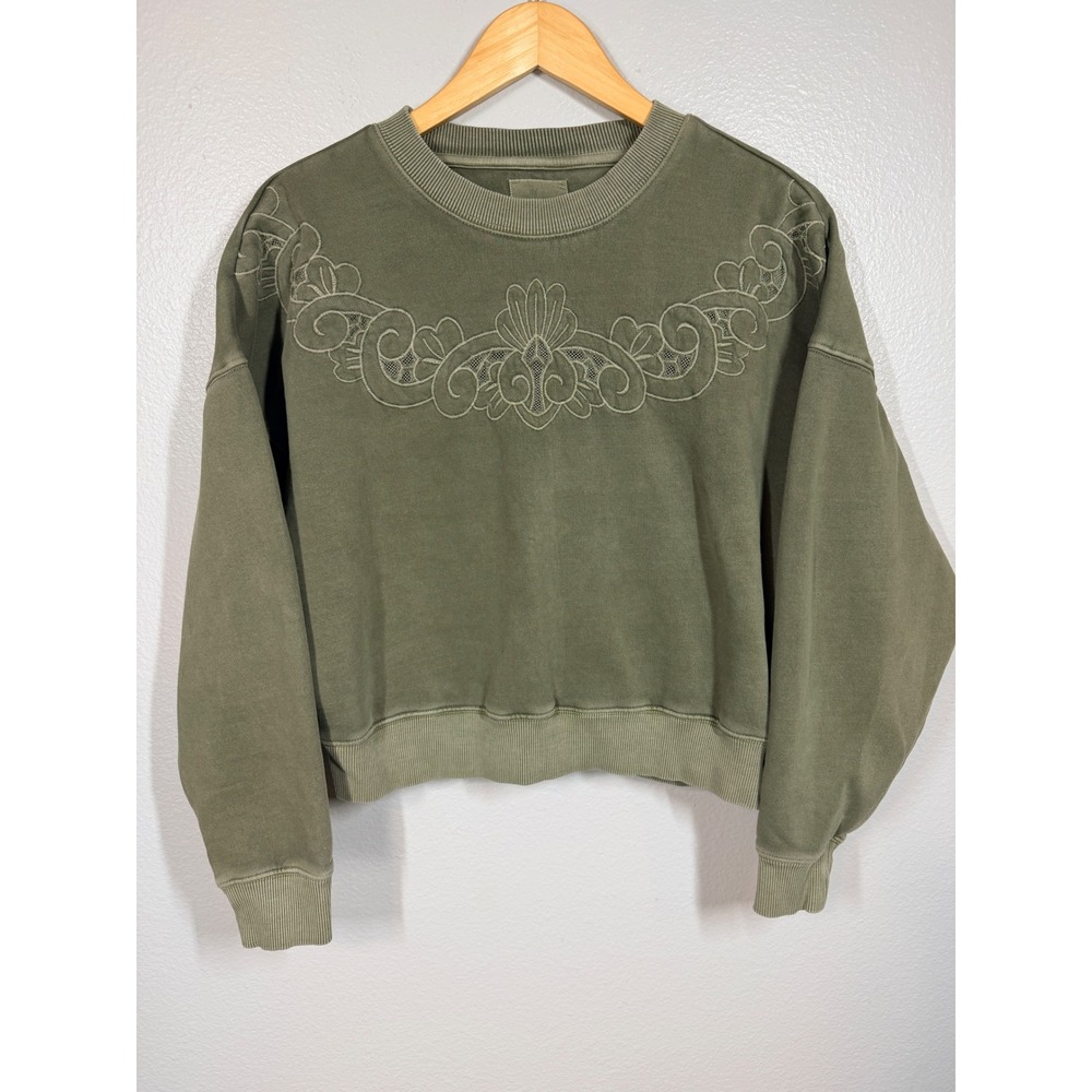 American Eagle Sweatshirt Womens Small Green Embroidered Lace Pullover Cropped